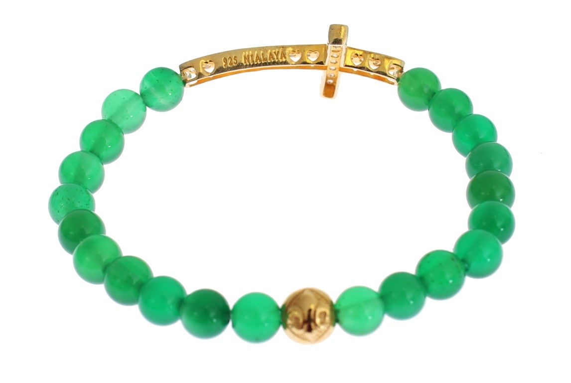 Nialaya Jade Stone Gold CZ Cross 925 Silver Bracelet