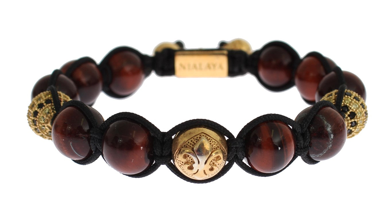 Nialaya CZ Red Tigers Eye Gold 925 Silver Bracelet