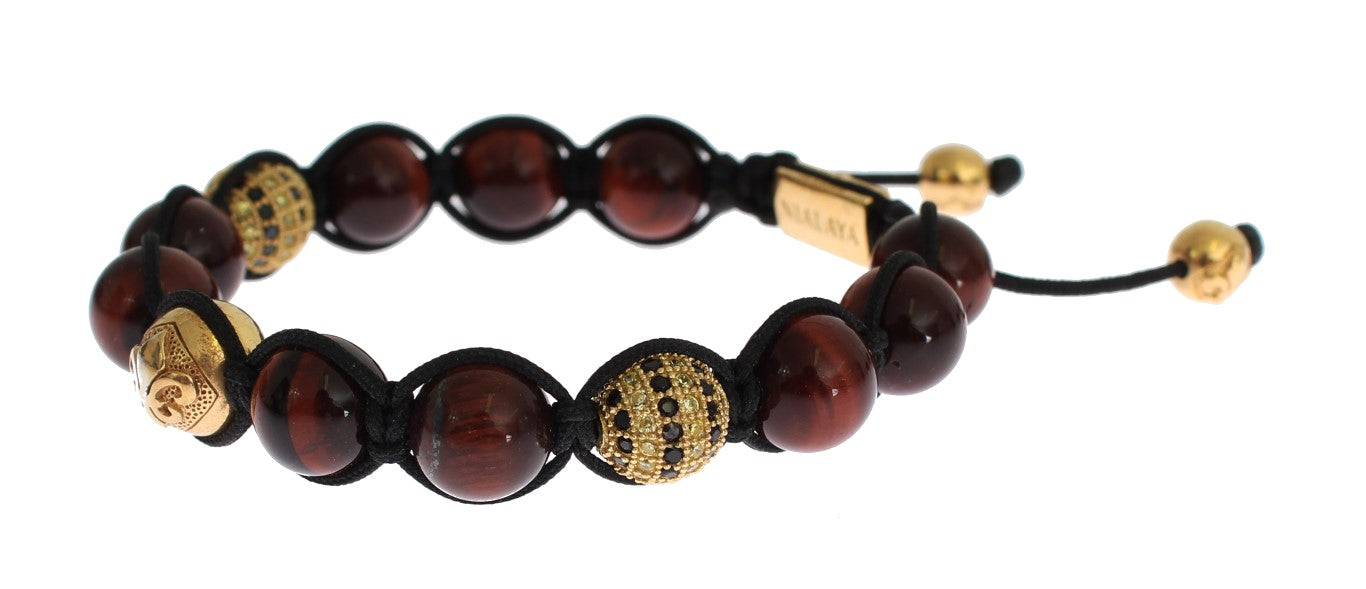 Nialaya CZ Red Tigers Eye Gold 925 Silver Bracelet