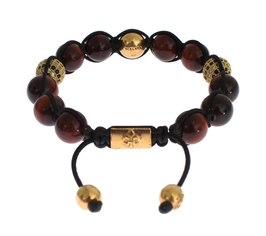 Nialaya CZ Red Tigers Eye Gold 925 Silver Bracelet