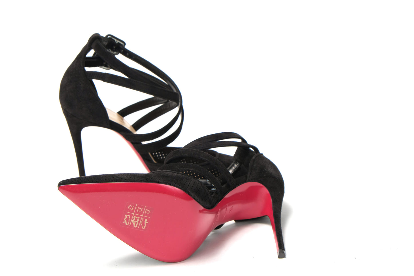 Christian Louboutin Black Velour Perforated Strappy High Heel Sandal 