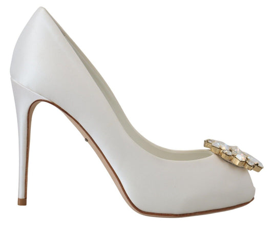 Dolce & Gabbana White Crystals Peep Toe Heel Satin Pumps