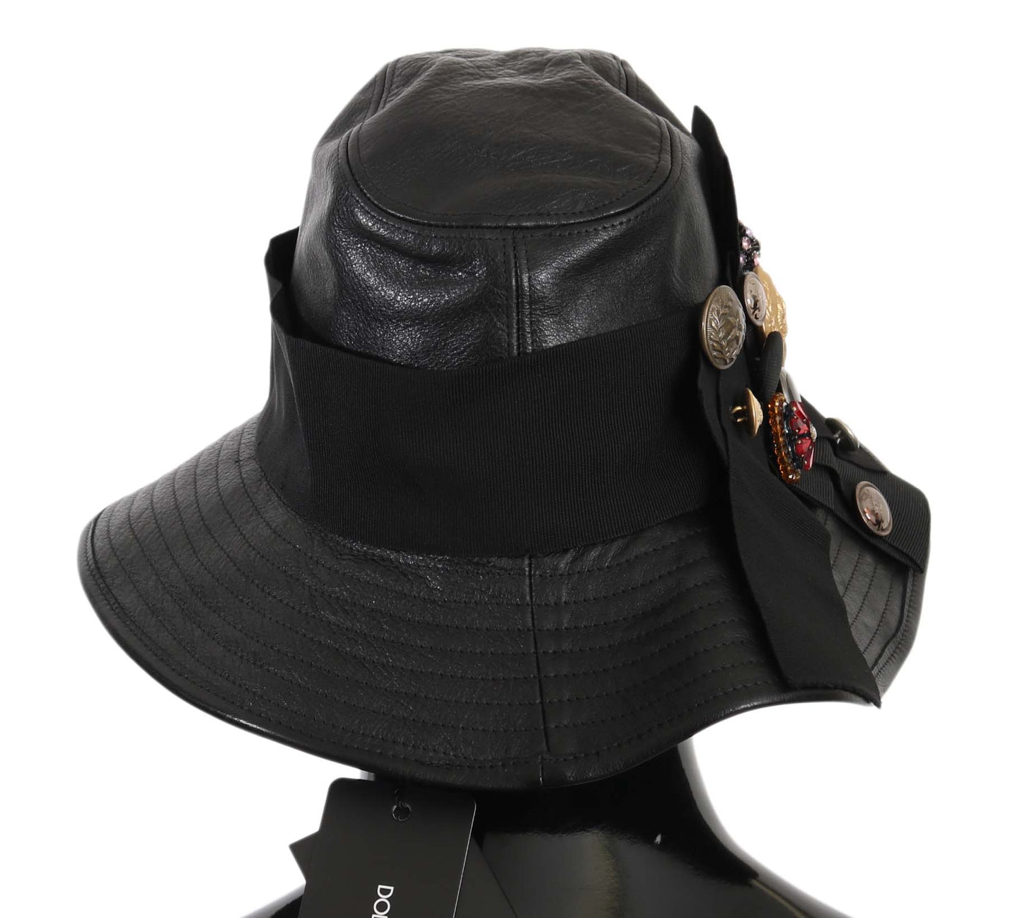 Dolce &Gabbana Zwart Lederen DG Coin Crystal Wide Brim Hoed