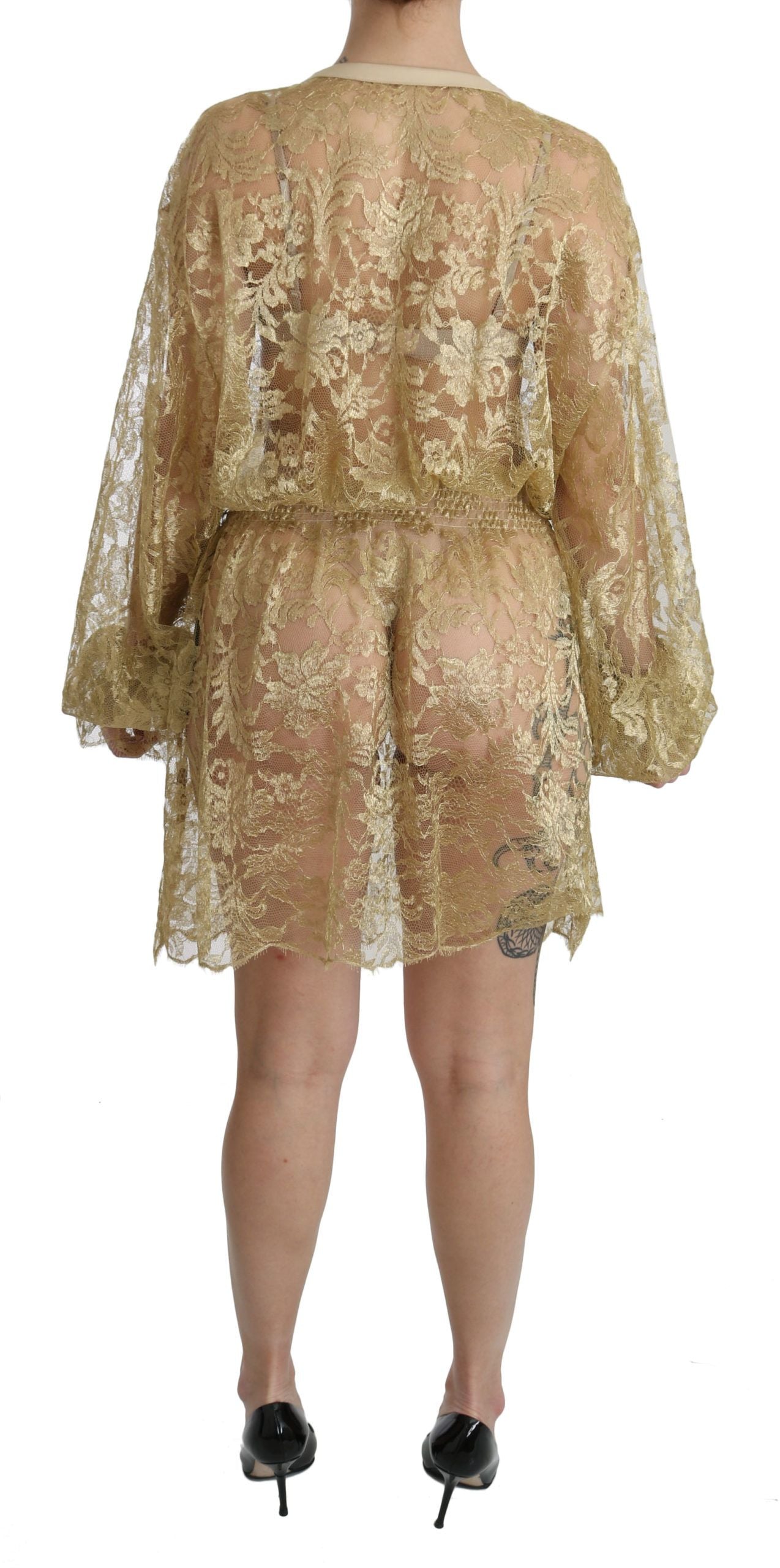 Dolce & Gabbana Elegant Gold Lace A-Line Knee Length Dress