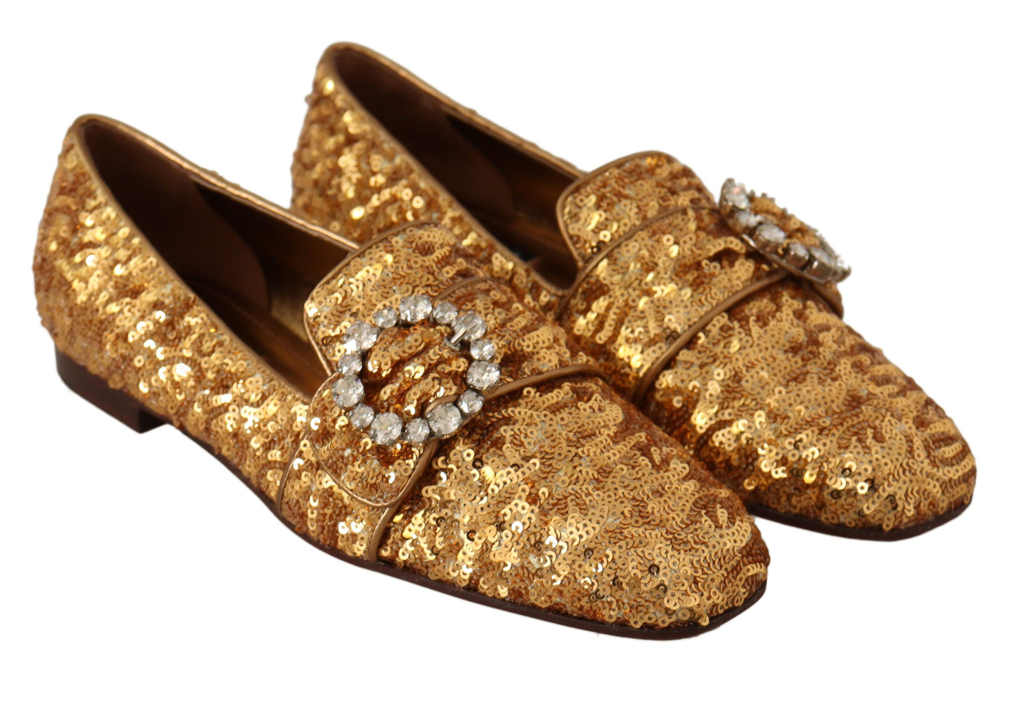 Dolce & Gabbana Gold Sequin Crystal Flat Women Loafers Shoes