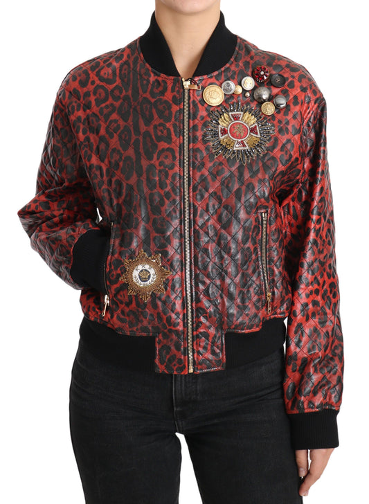 Dolce & Gabbana Red Leopard Bomber Leather Jacket with Crystal Buttons