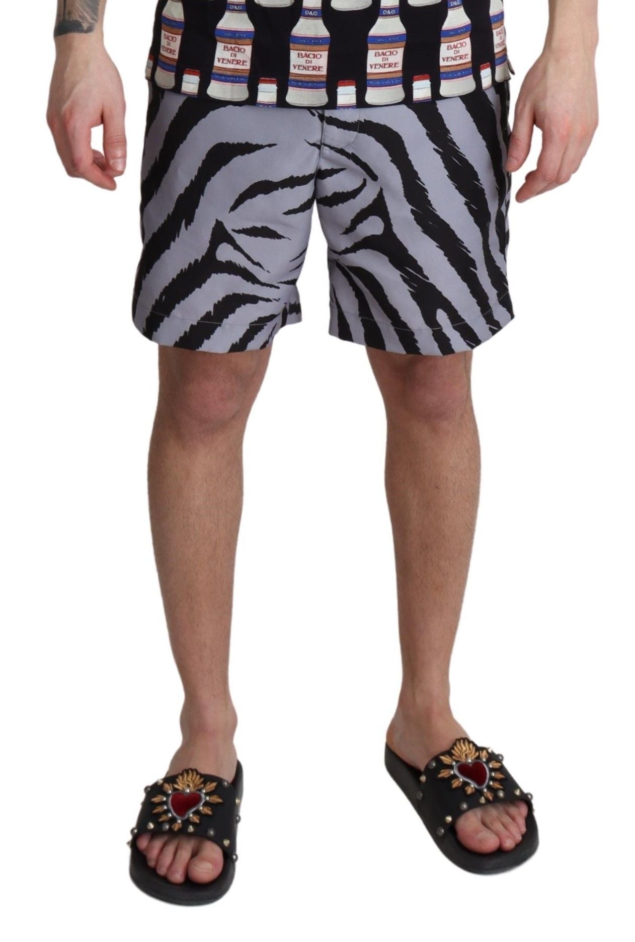 Dolce & Gabbana Elegant Gray Zebra Print Swim Trunks