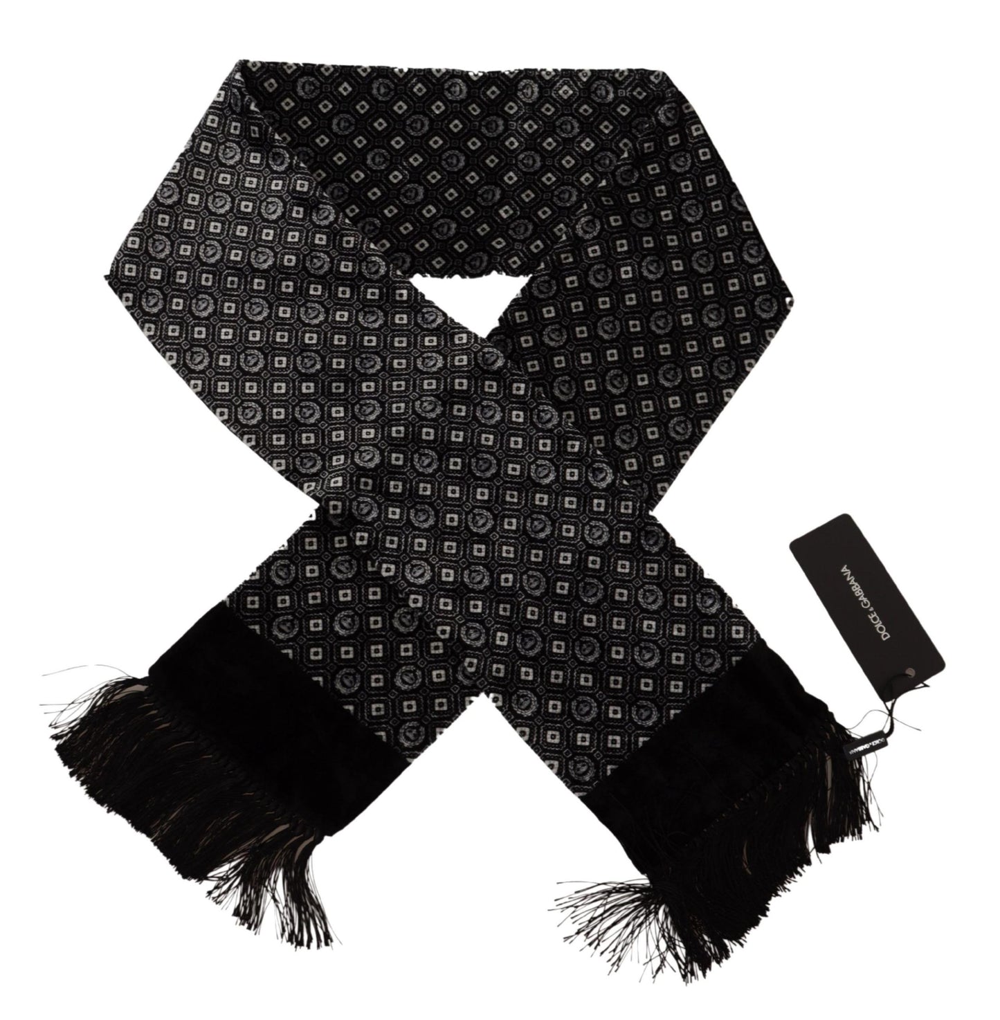 Dolce & Gabbana Black Geometric Patterned Shawl Wrap Fringe Scarf