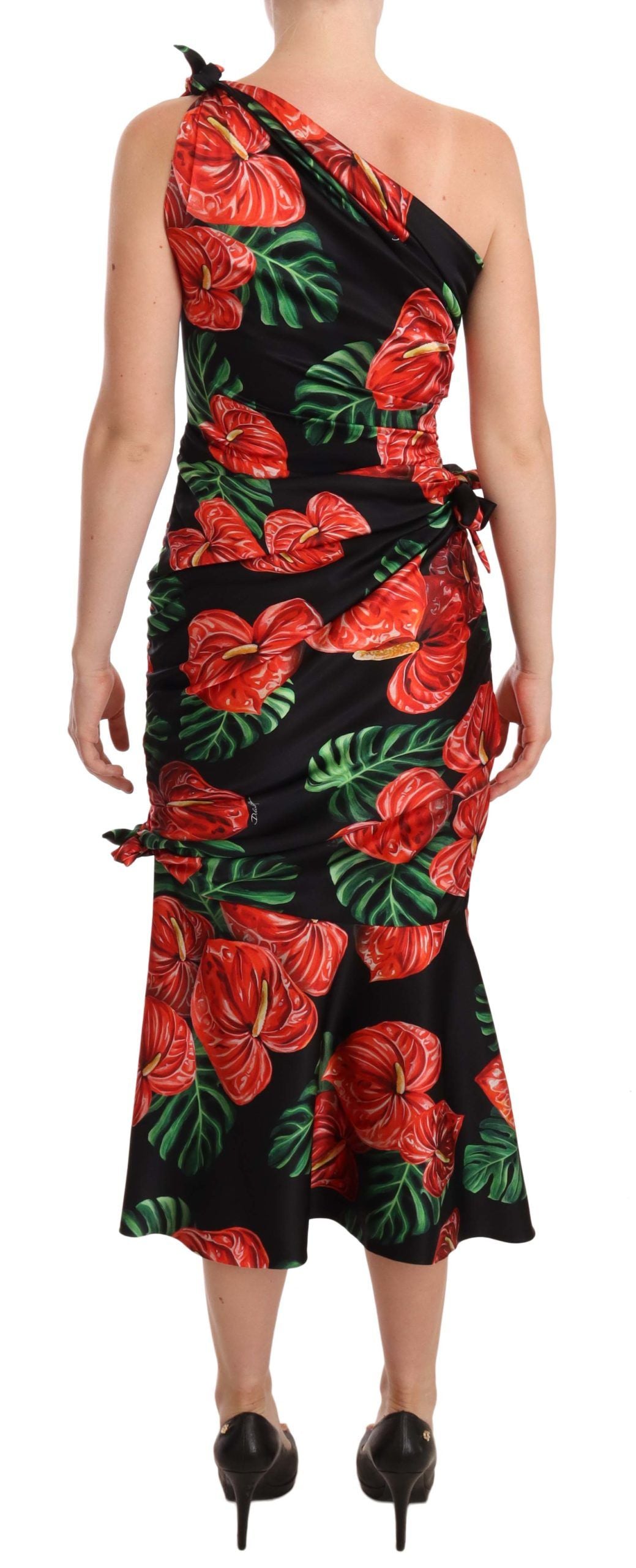 Dolce & Gabbana Black Shiny Silk Floral Print Draped Dress