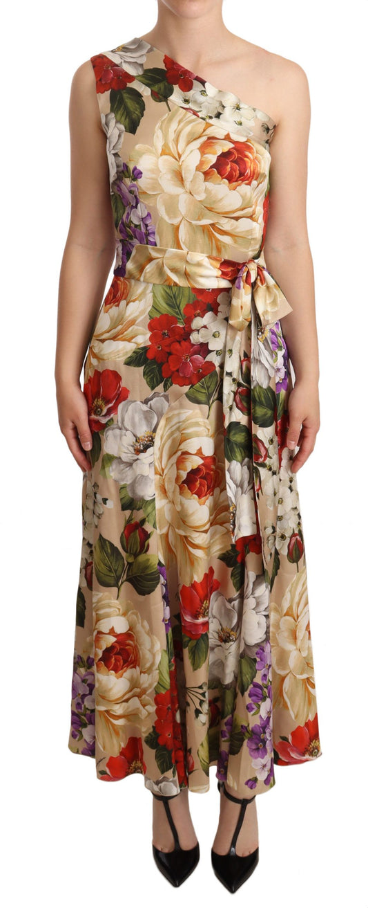 Dolce & Gabbana Beige One Shoulder Floral Mid Length Dress