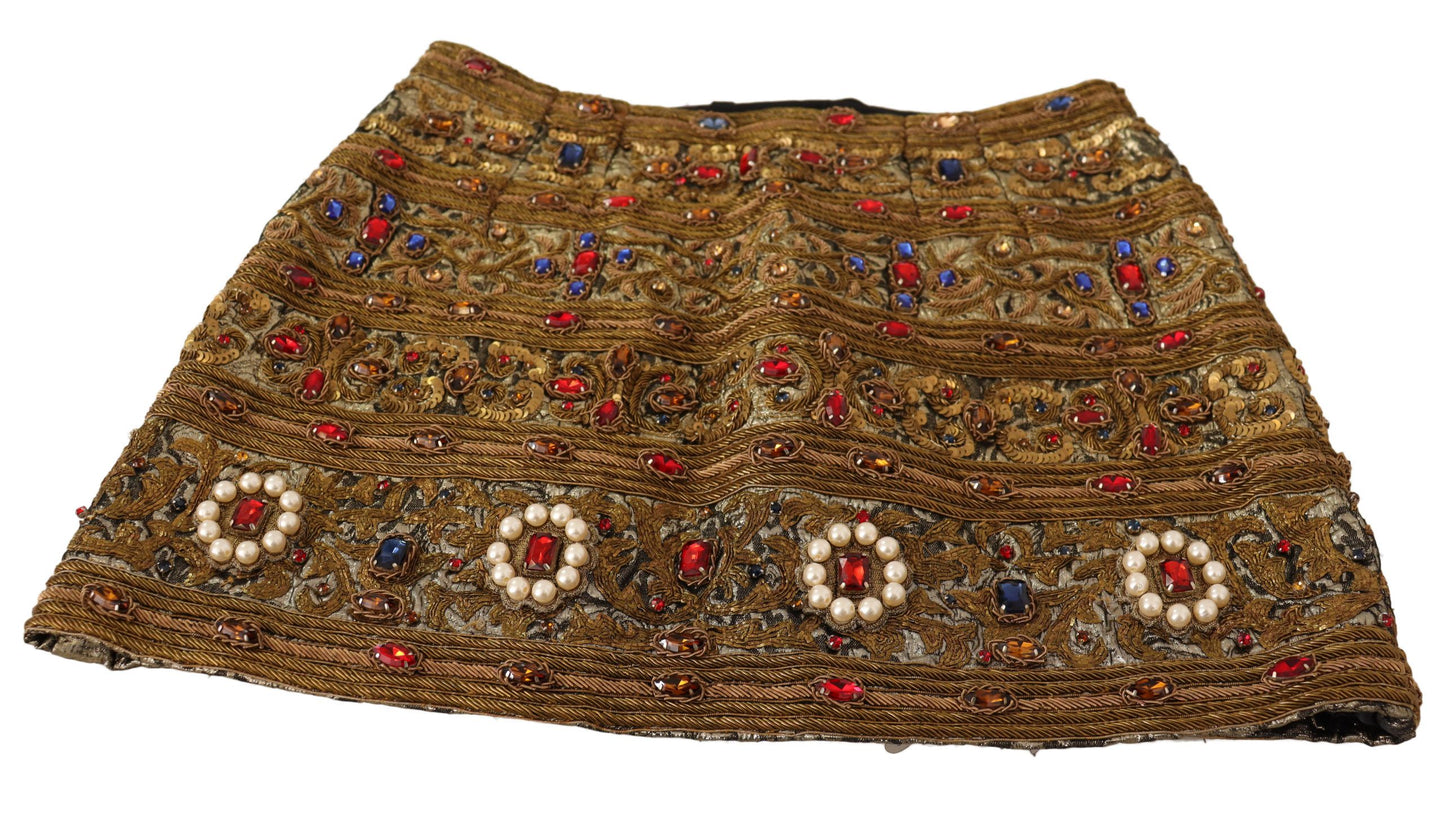 Dolce & Gabbana Gold Crystal Jacquard High Waist Skirt