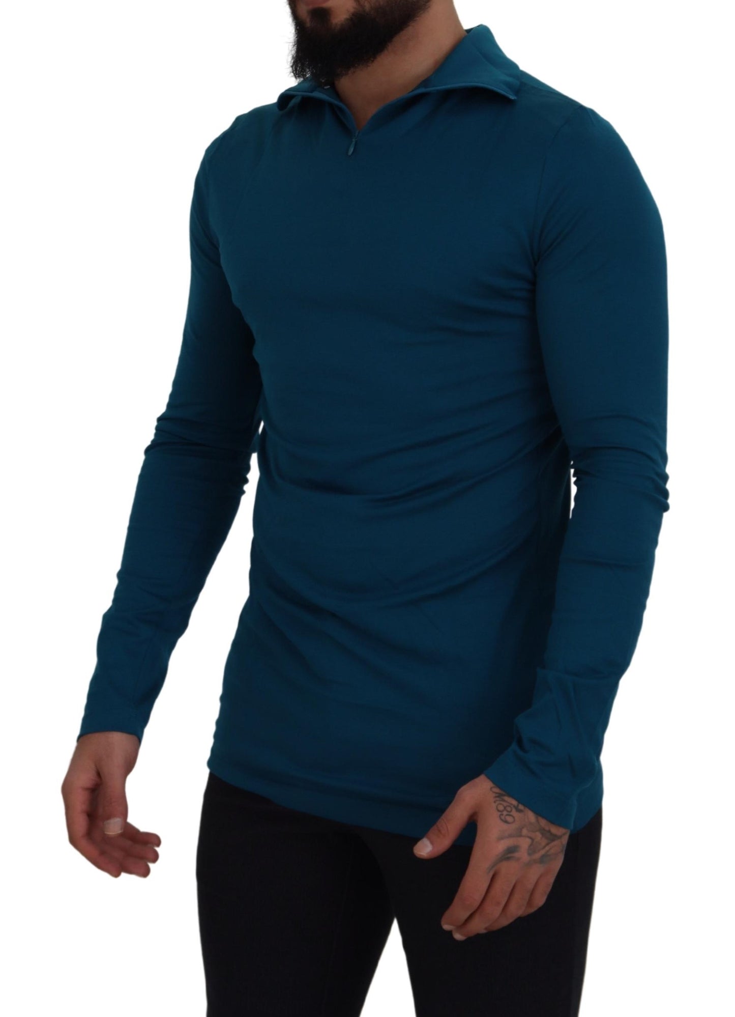 Dolce & Gabbana Blue Cotton Collared Slim Pullover Sweater