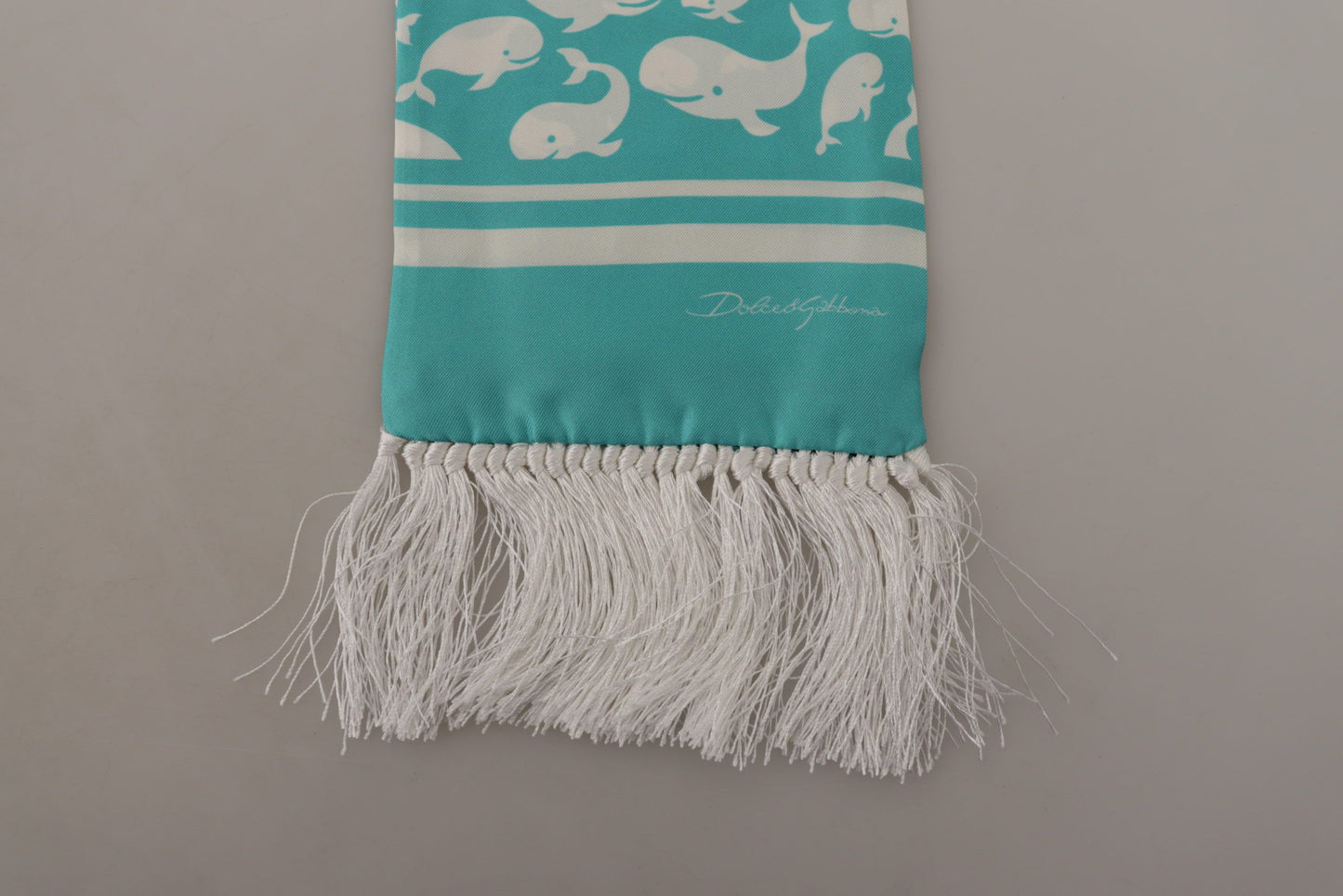 Dolce & Gabbana Blue Whale Printed Shawl Wrap Fringe Silk Teal Scarf