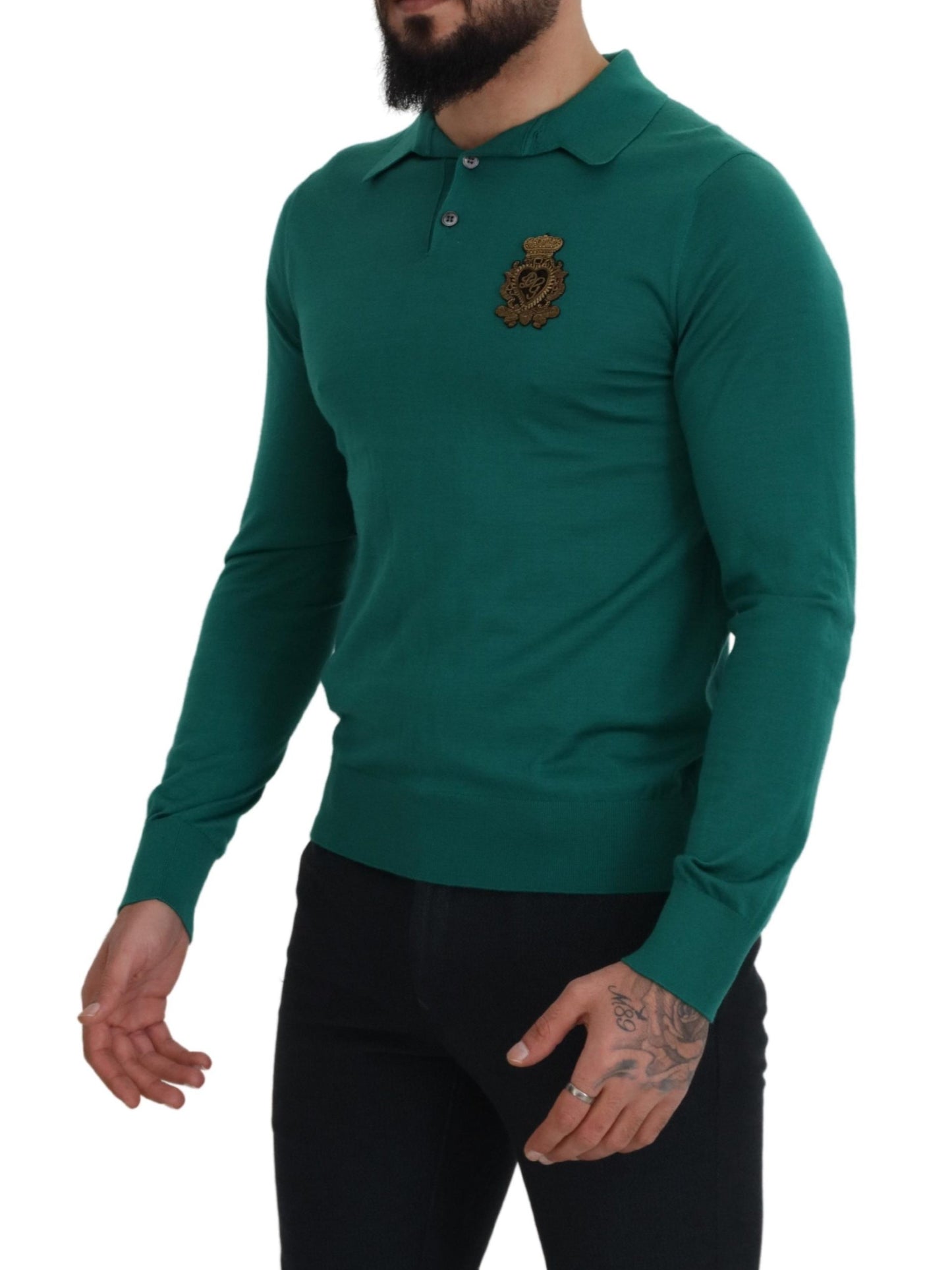 Dolce & Gabbana Green Cashmere Collared Logo Pullover Sweater