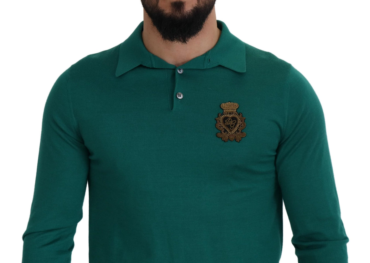 Dolce & Gabbana Green Cashmere Collared Logo Pullover Sweater