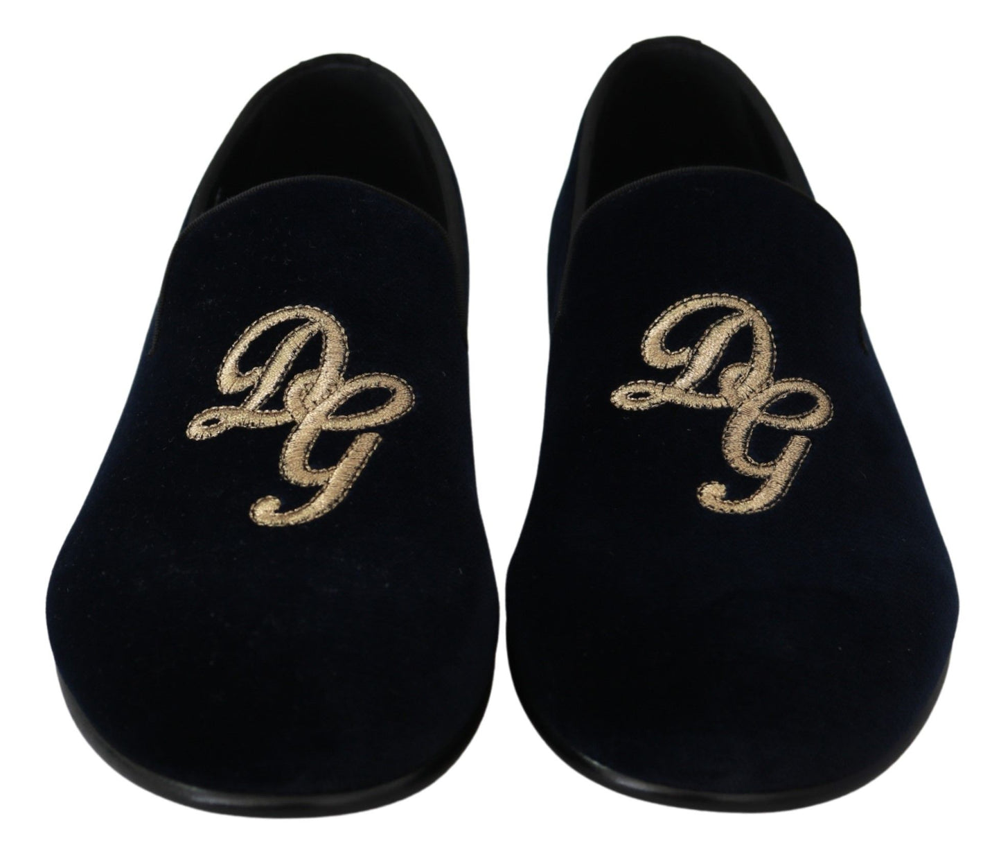 Dolce & Gabbana Blue Velvet Gold Logo Slipper Loafers Shoes