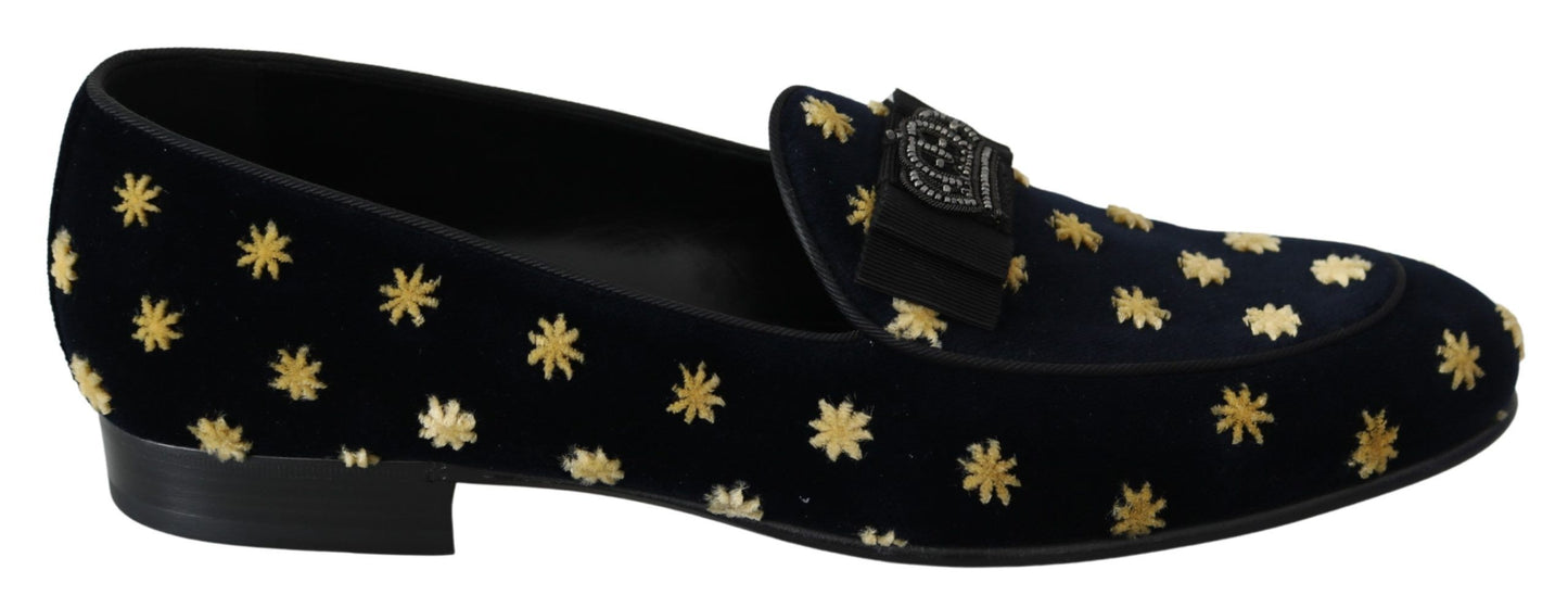 Dolce & Gabbana Blue Velvet Crown Slippers Loafers Shoes