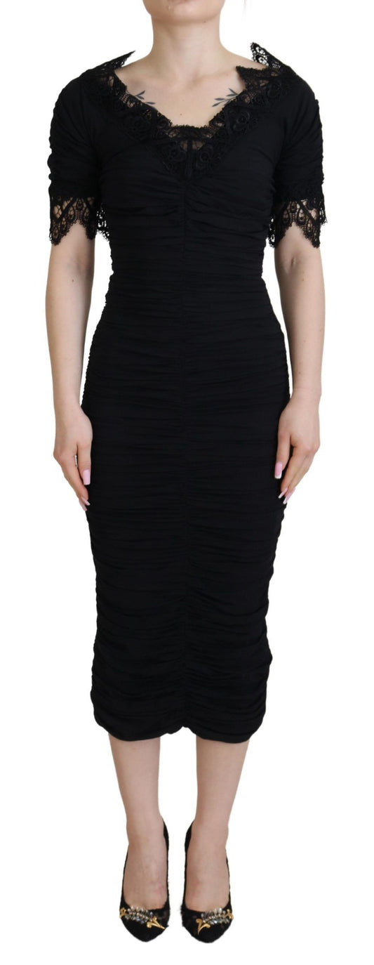 Dolce & Gabbana Black Sheath Midi Bodycon Lace Silk Dress