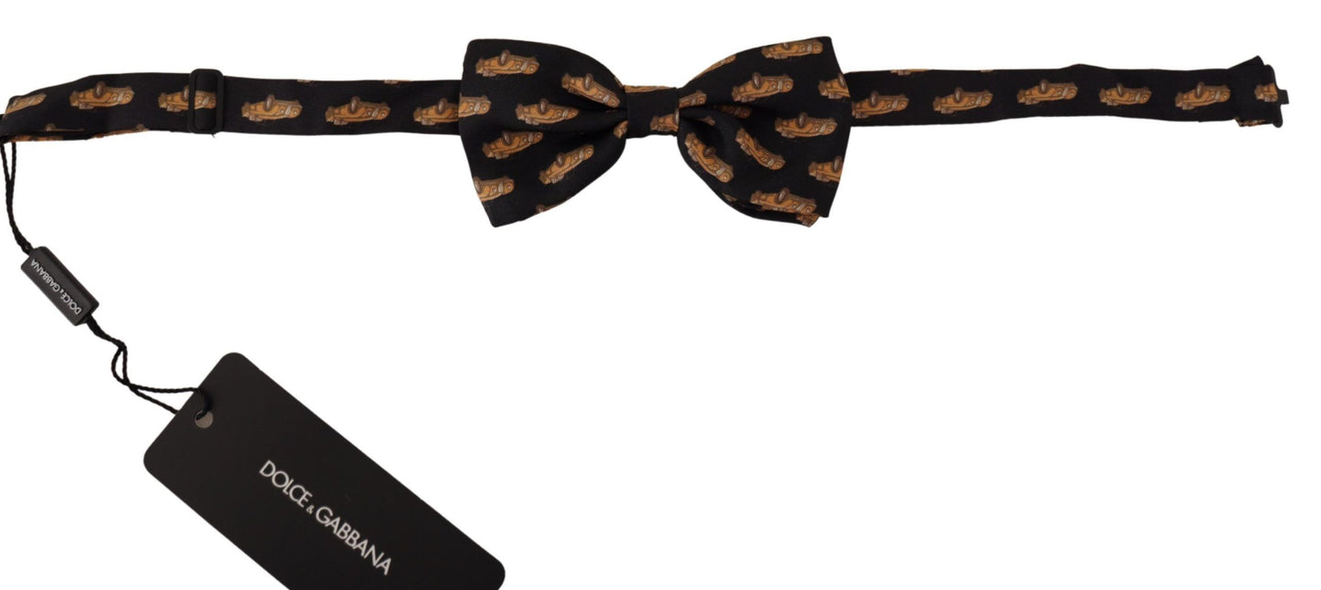 Dolce & Gabbana Black Orange Car Print Silk Bow Tie