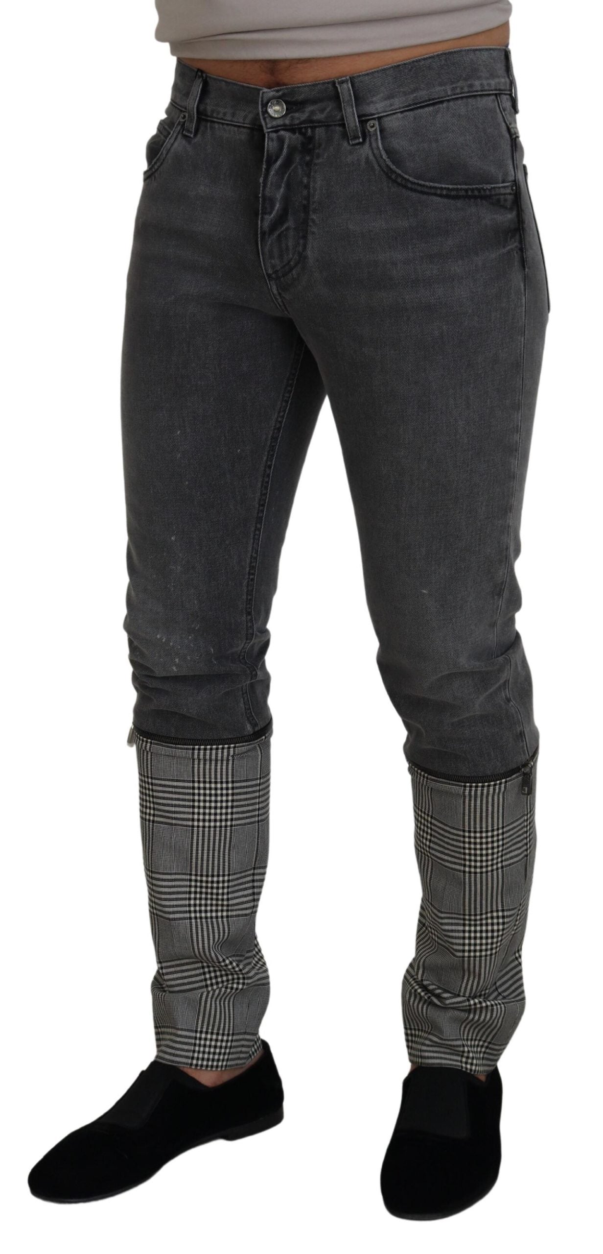 Dolce & Gabbana Gray Cotton Checkered Leg Men Denim Jeans