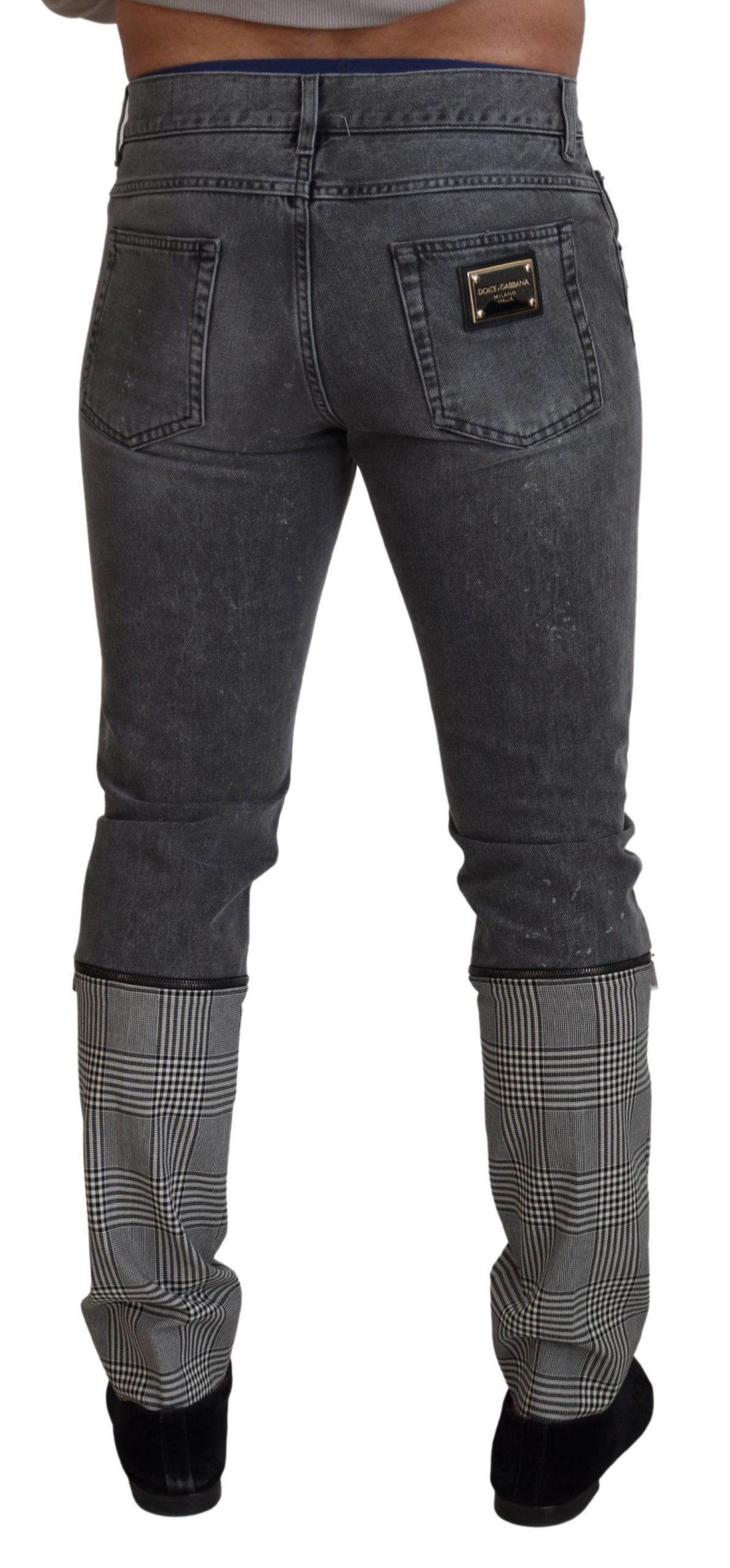 Dolce & Gabbana Gray Cotton Checkered Leg Men Denim Jeans