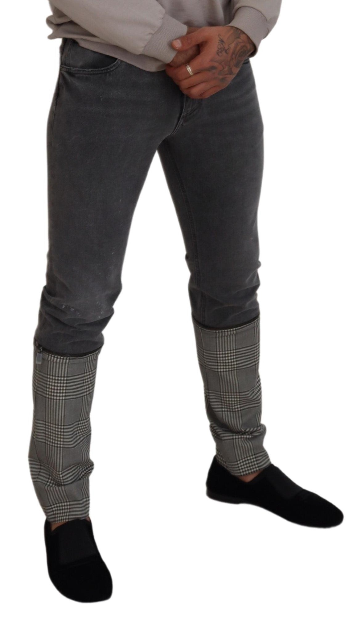 Dolce & Gabbana Gray Cotton Checkered Leg Men Denim Jeans