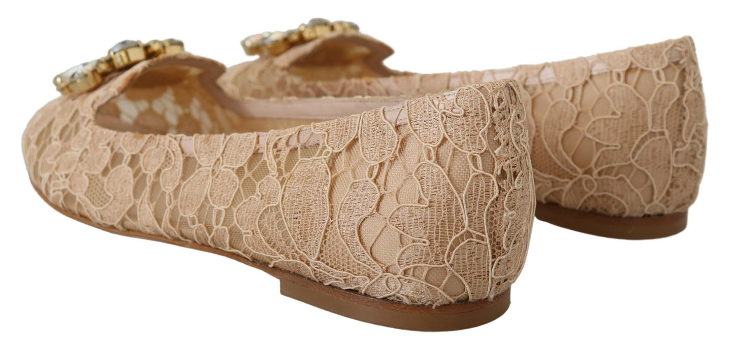 Dolce & Gabbana Elegant Beige Lace Vally Flats with Crystal Accent