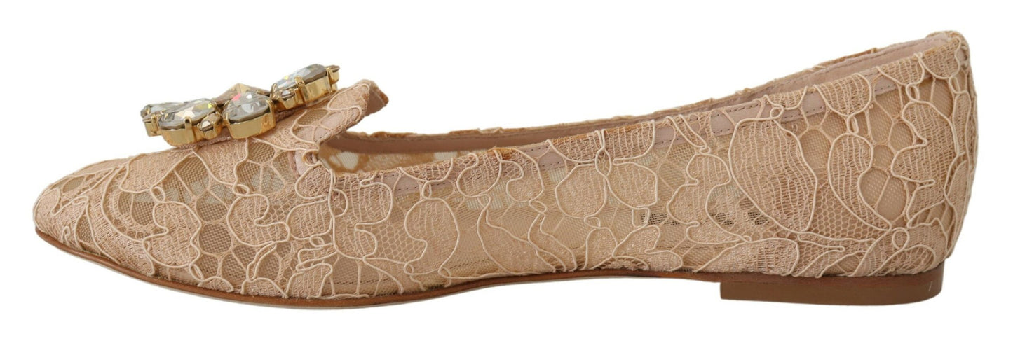 Dolce & Gabbana Elegant Beige Lace Vally Flats with Crystal Accent