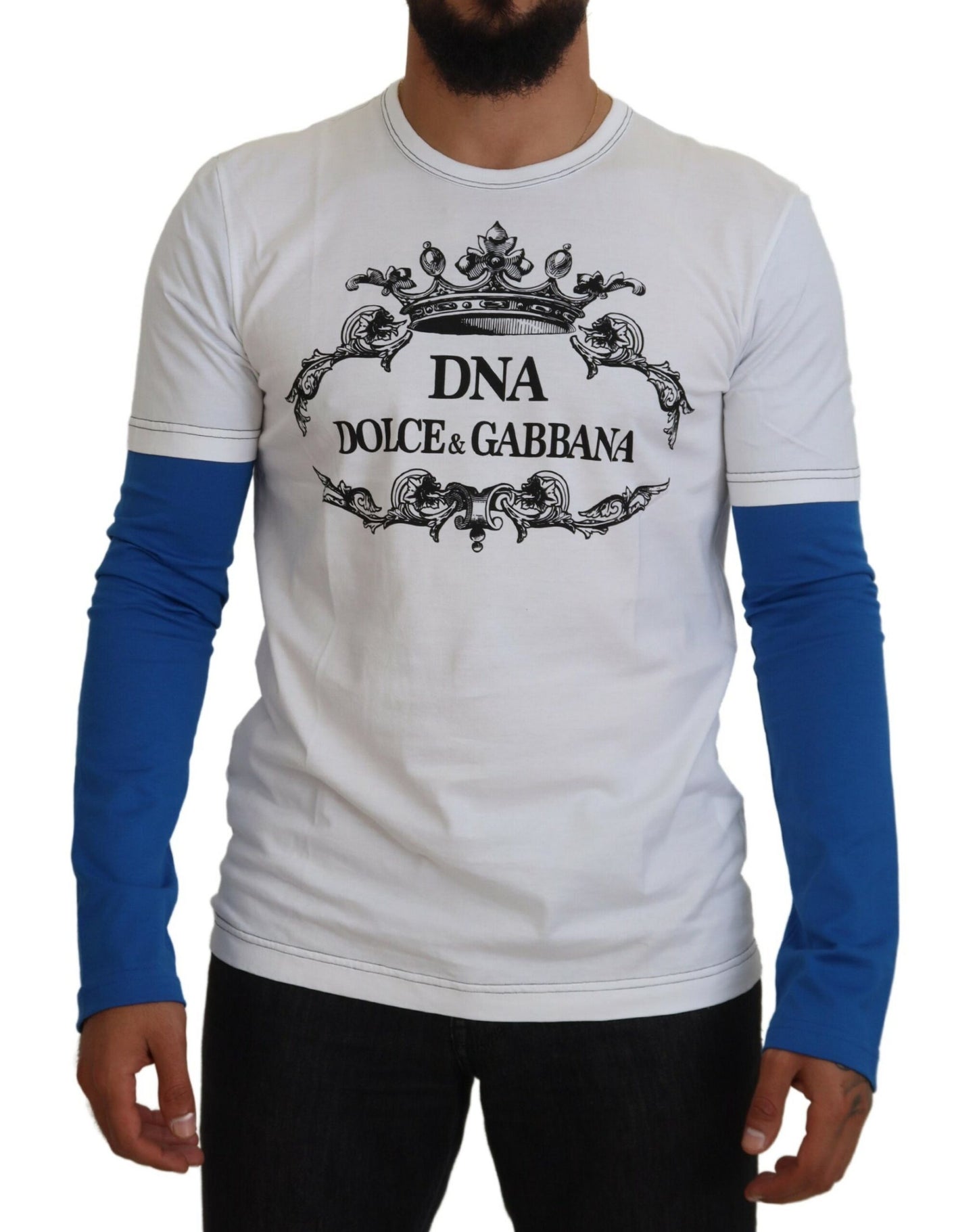 Dolce & Gabbana Blue White DNA Crewneck Pullover Sweater