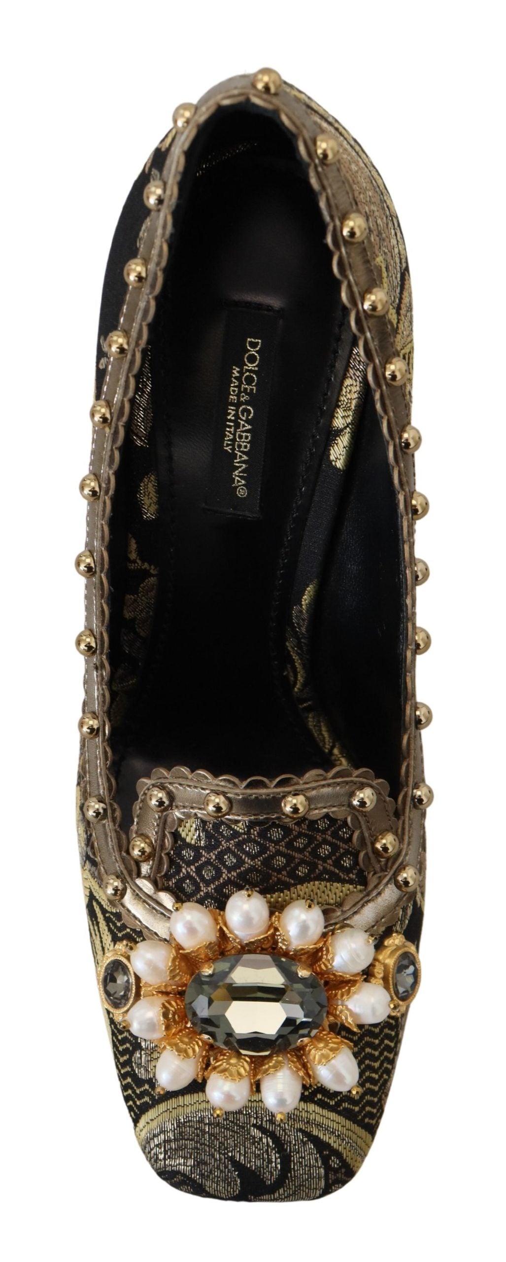 Dolce & Gabbana Gold Crystal Square Toe Brocade Pumps Shoes