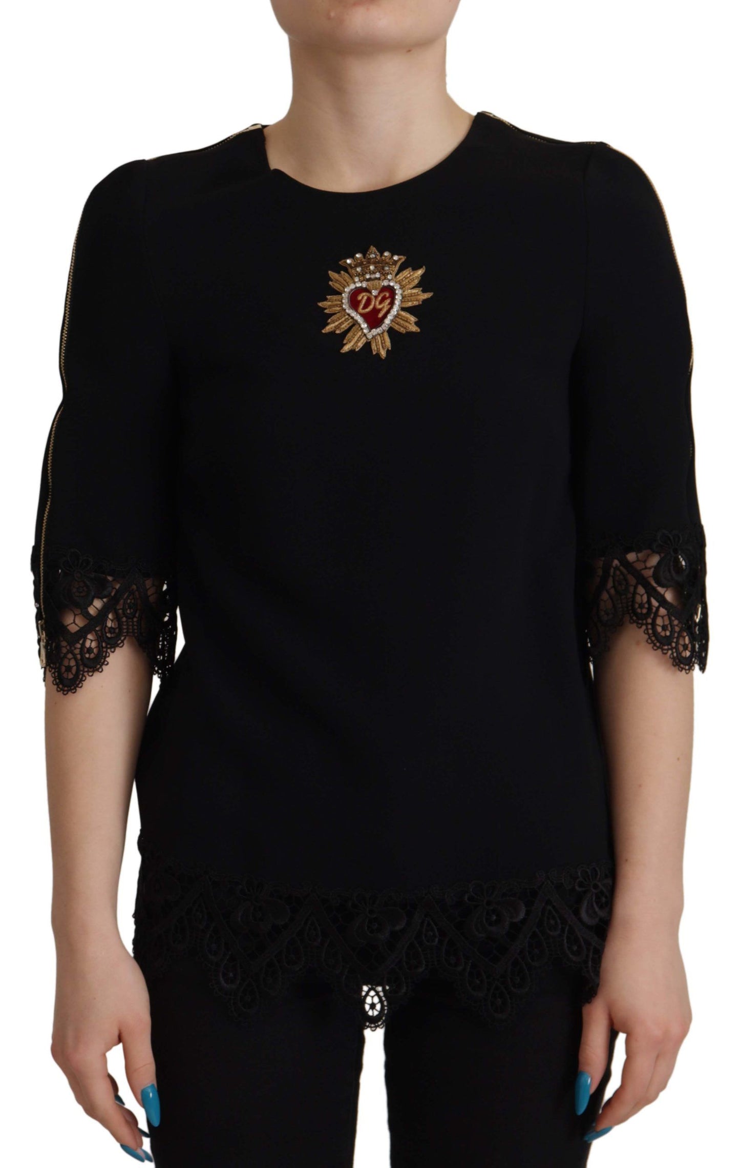 Dolce & Gabbana Elegant Beaded Logo Zip Sleeve Blouse