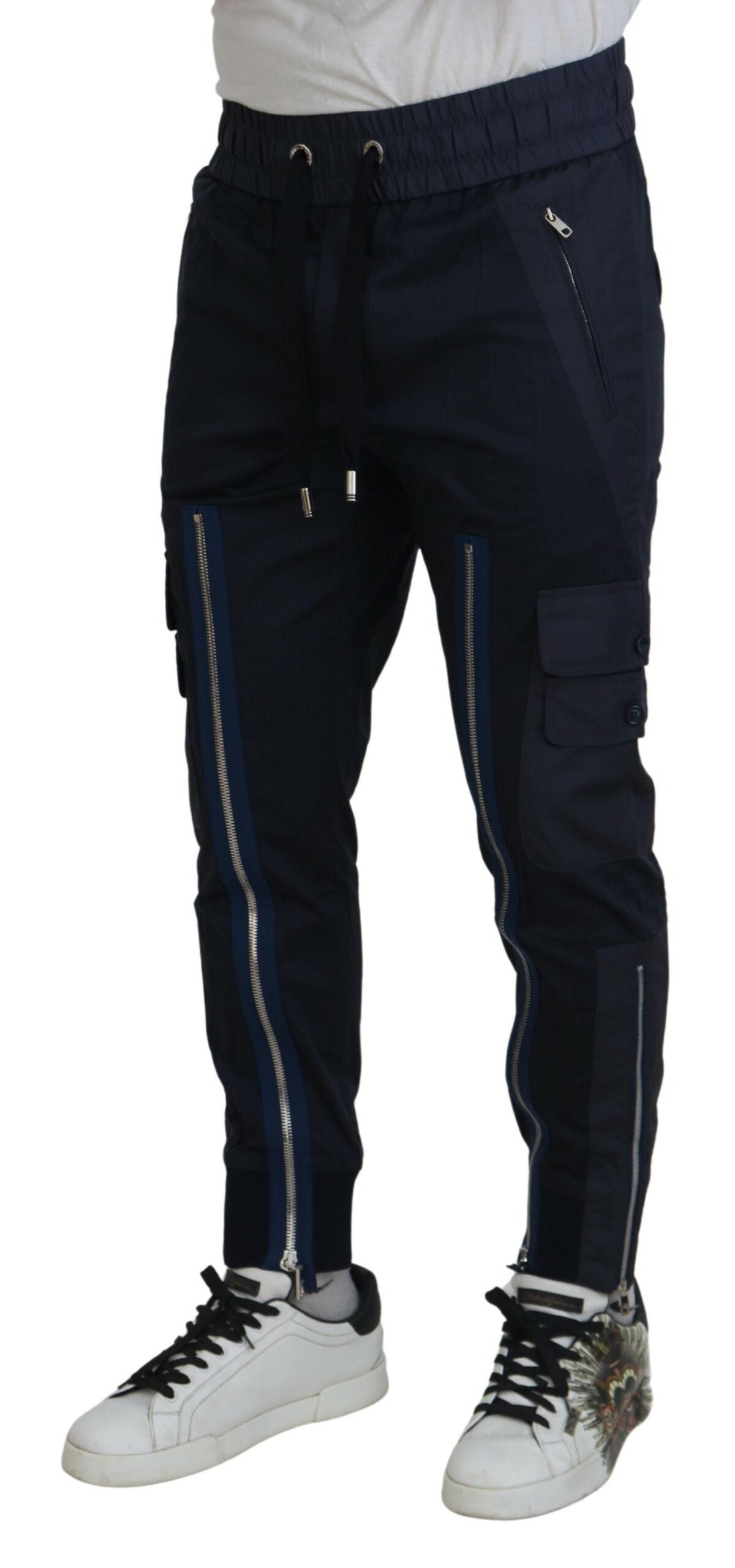 Dolce & Gabbana Dark Blue Cotton Zipper Jogger Pants