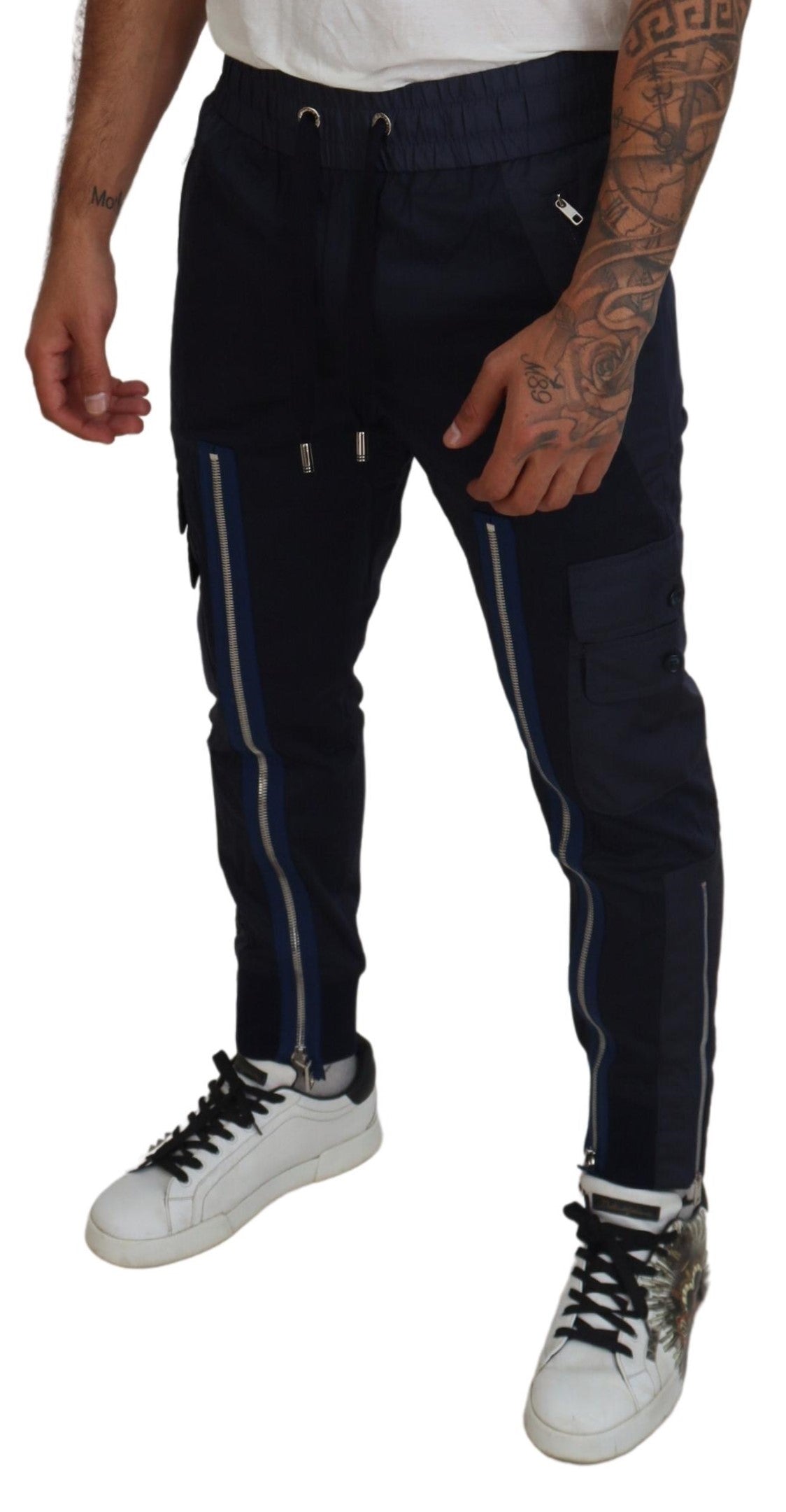 Dolce & Gabbana Dark Blue Cotton Zipper Jogger Pants