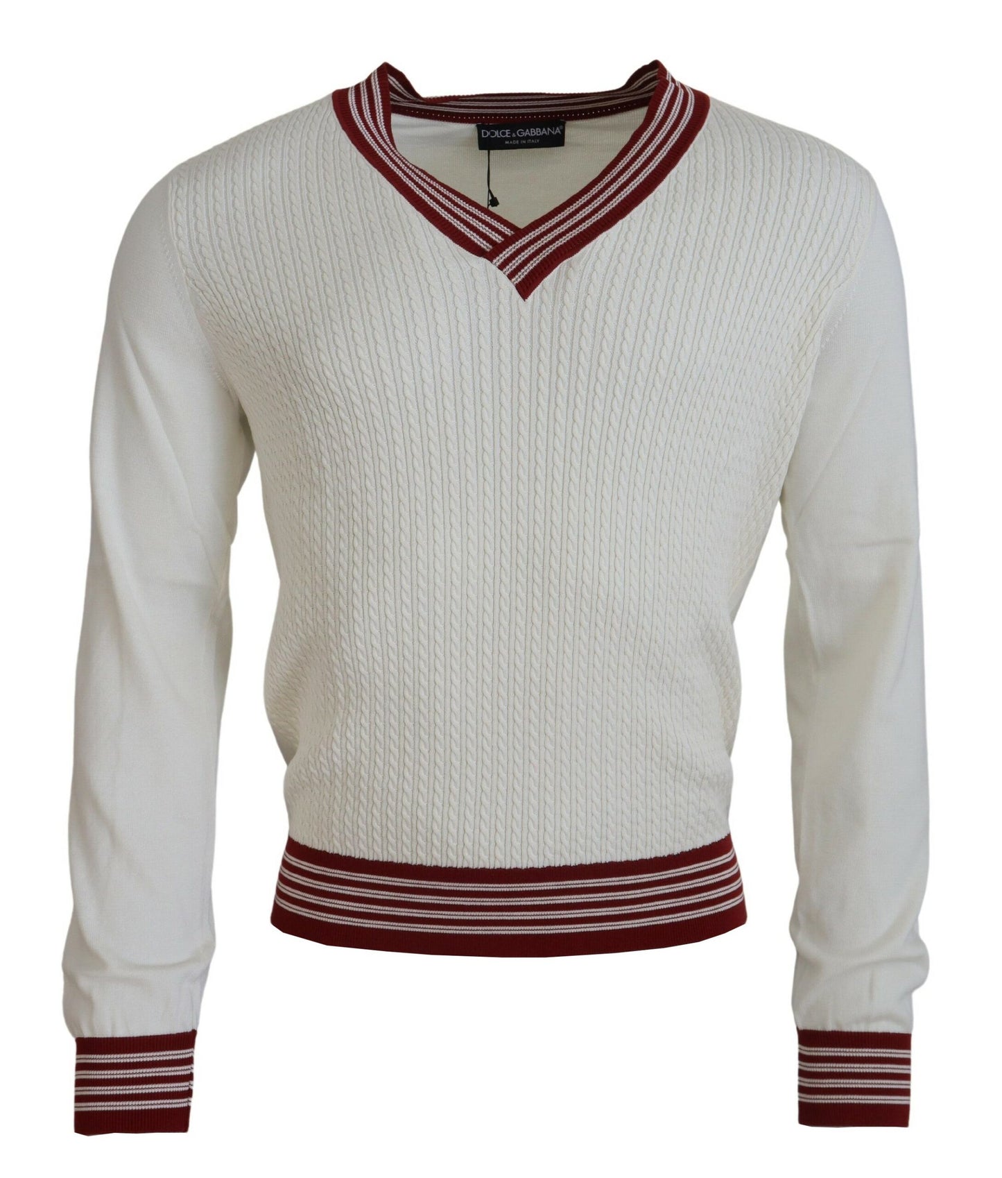 Dolce & Gabbana White Red Knitted V-neck Pullover Sweater