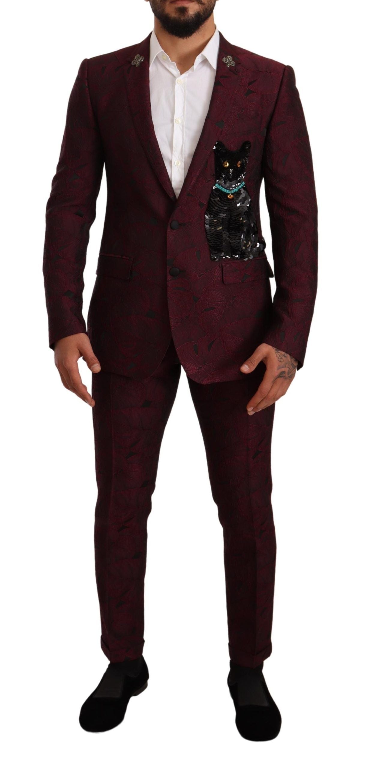 Dolce & Gabbana Elegant Maroon Leaf Pattern Two-Piece Suit