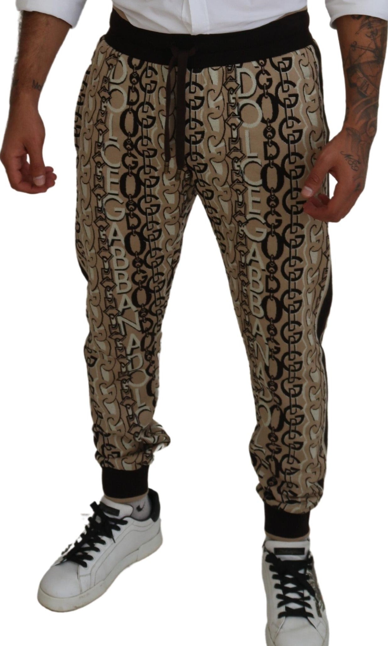 Dolce & Gabbana Beige Logo Print Cotton Jogger Pants