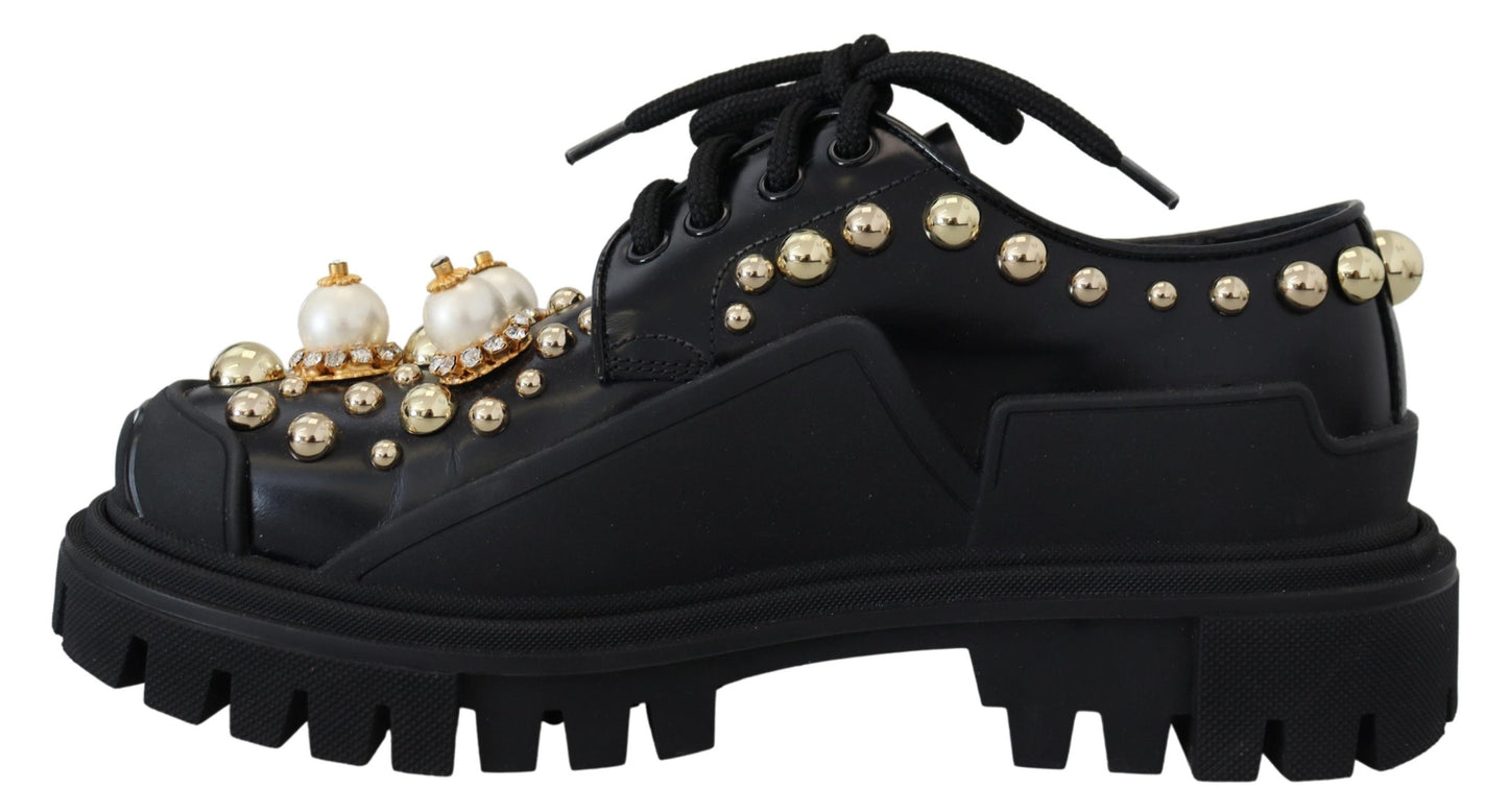 Dolce & Gabbana Black Leather Trekking Derby Embellished Shoes