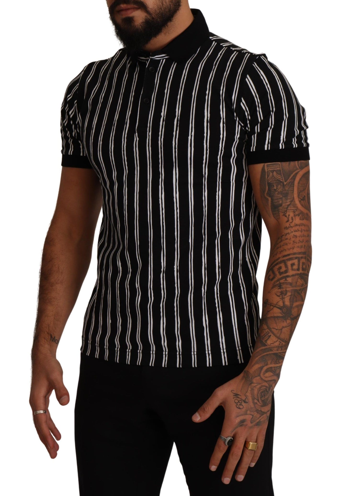 Dolce & Gabbana Black White Striped Polo Short Sleeve  T-shirt