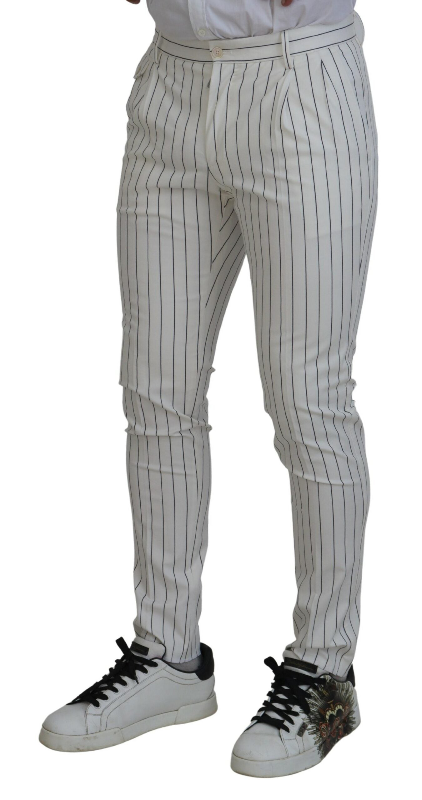 Dolce & Gabbana White Stripes Cotton Skinny Chino Pants