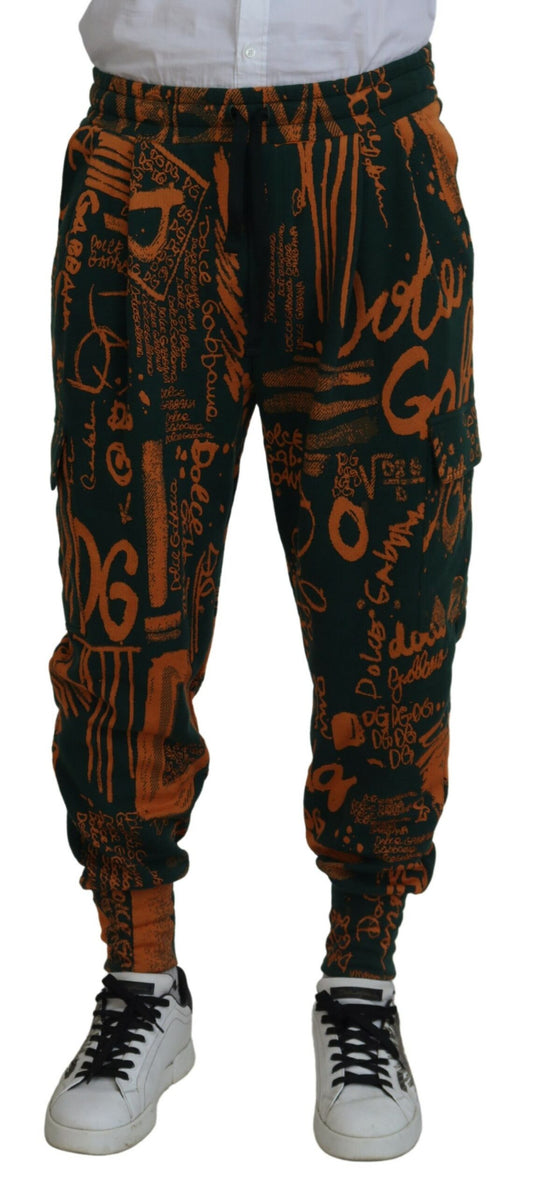 Dolce & Gabbana Multicolor Logo Print Silk Cargo Jogger Pants