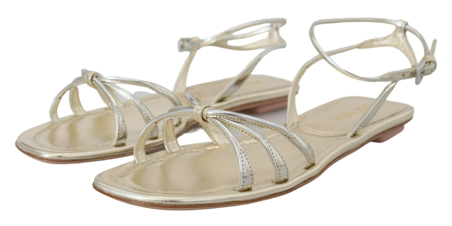 Prada Elegant Silver Ankle Strap Flats