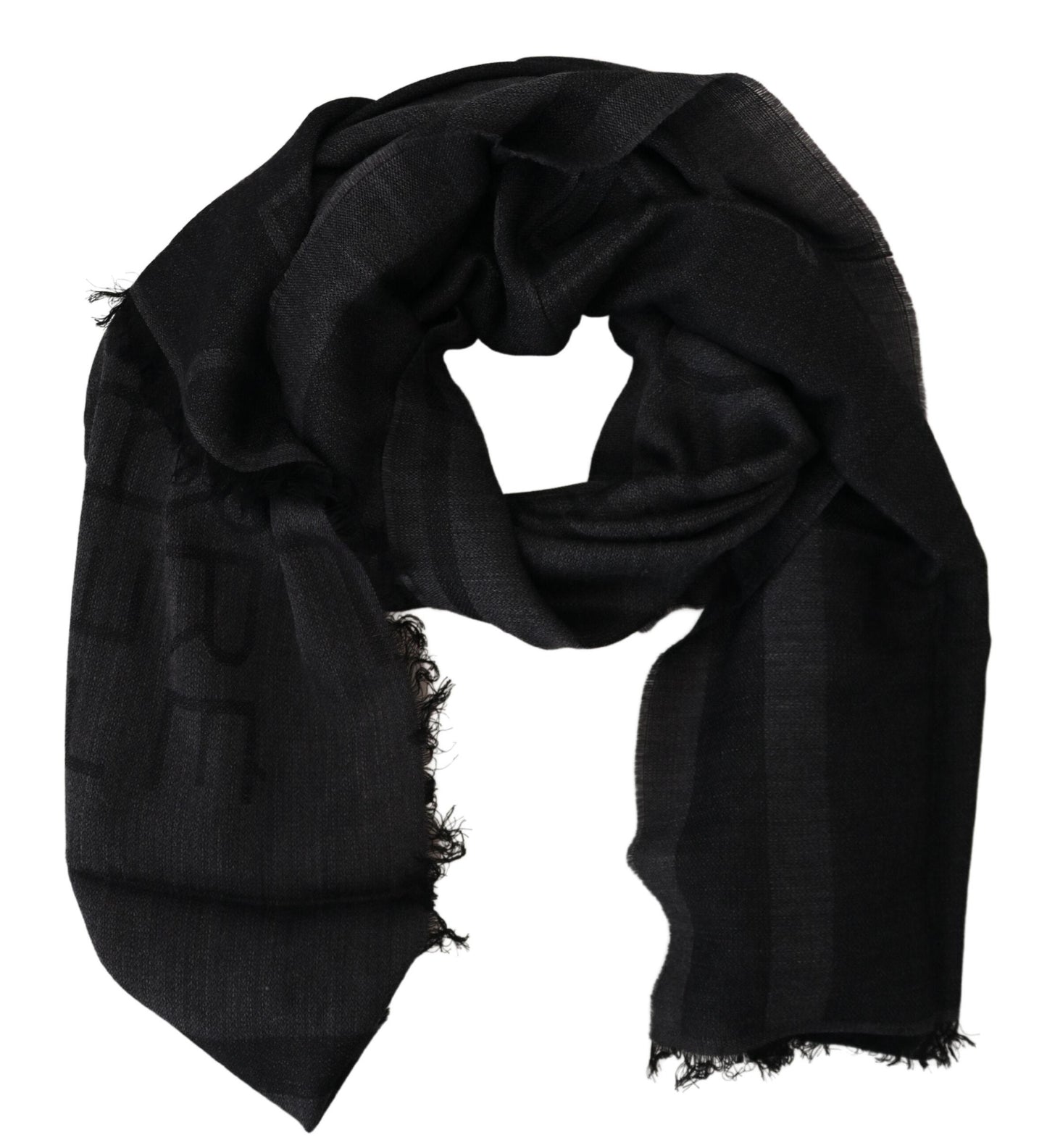 GF Ferre Black Wool Knitted Neck Wrap Shawl Fringes Scarf