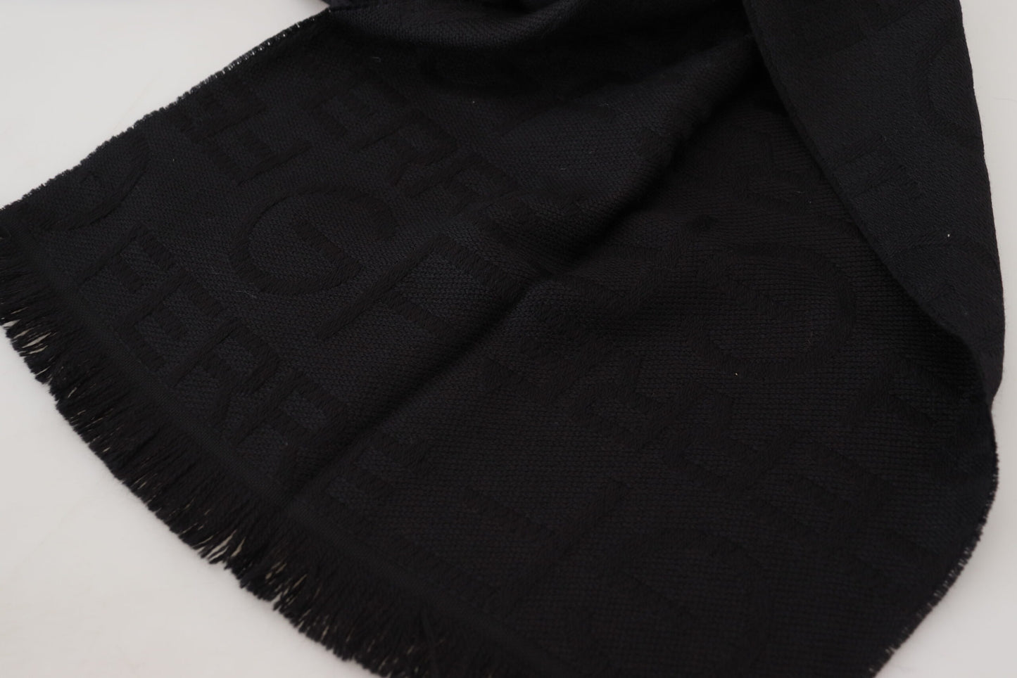 GF Ferre Black Wool Neck Wrap Shawl Fringes Scarf