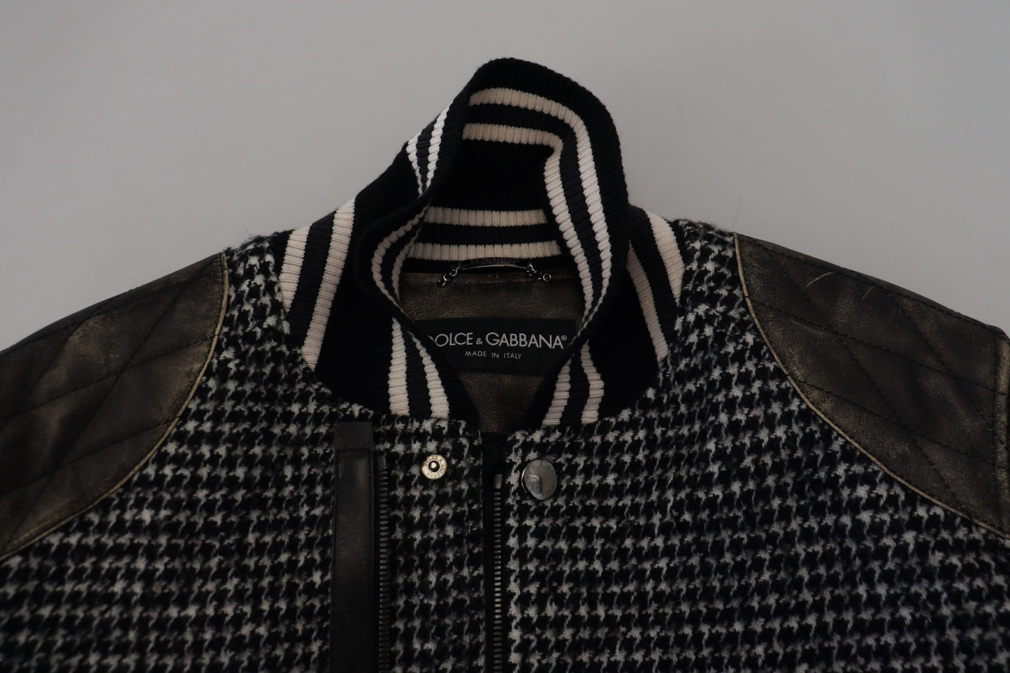 Dolce & Gabbana Multicolor Houndstooth Leather Bomber Jacket