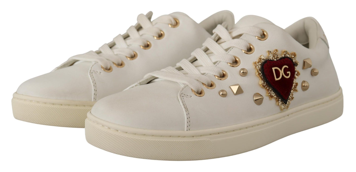 Dolce & Gabbana White Leather Gold Red Heart Sneakers Shoes