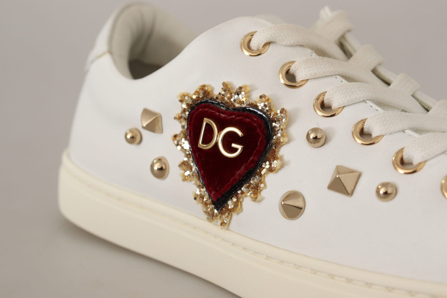 Dolce & Gabbana White Leather Gold Red Heart Sneakers Shoes