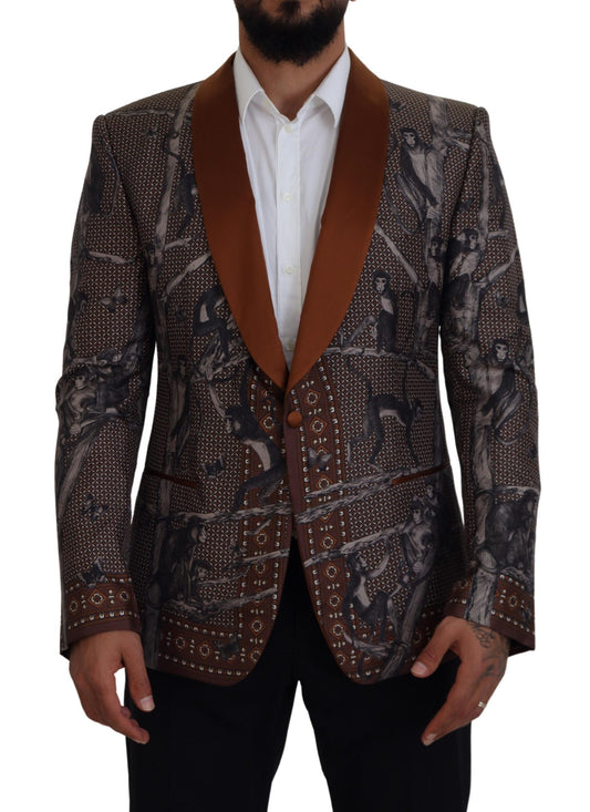 Dolce & Gabbana Bronze Monkey Print Silk Slim Jacket Blazer