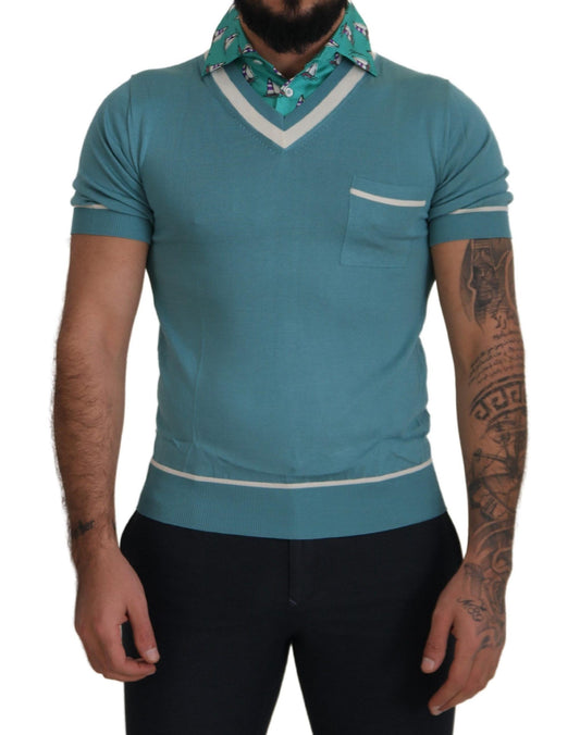 Dolce & Gabbana Blue Silk Polo Top Mens V-neck  T-shirt