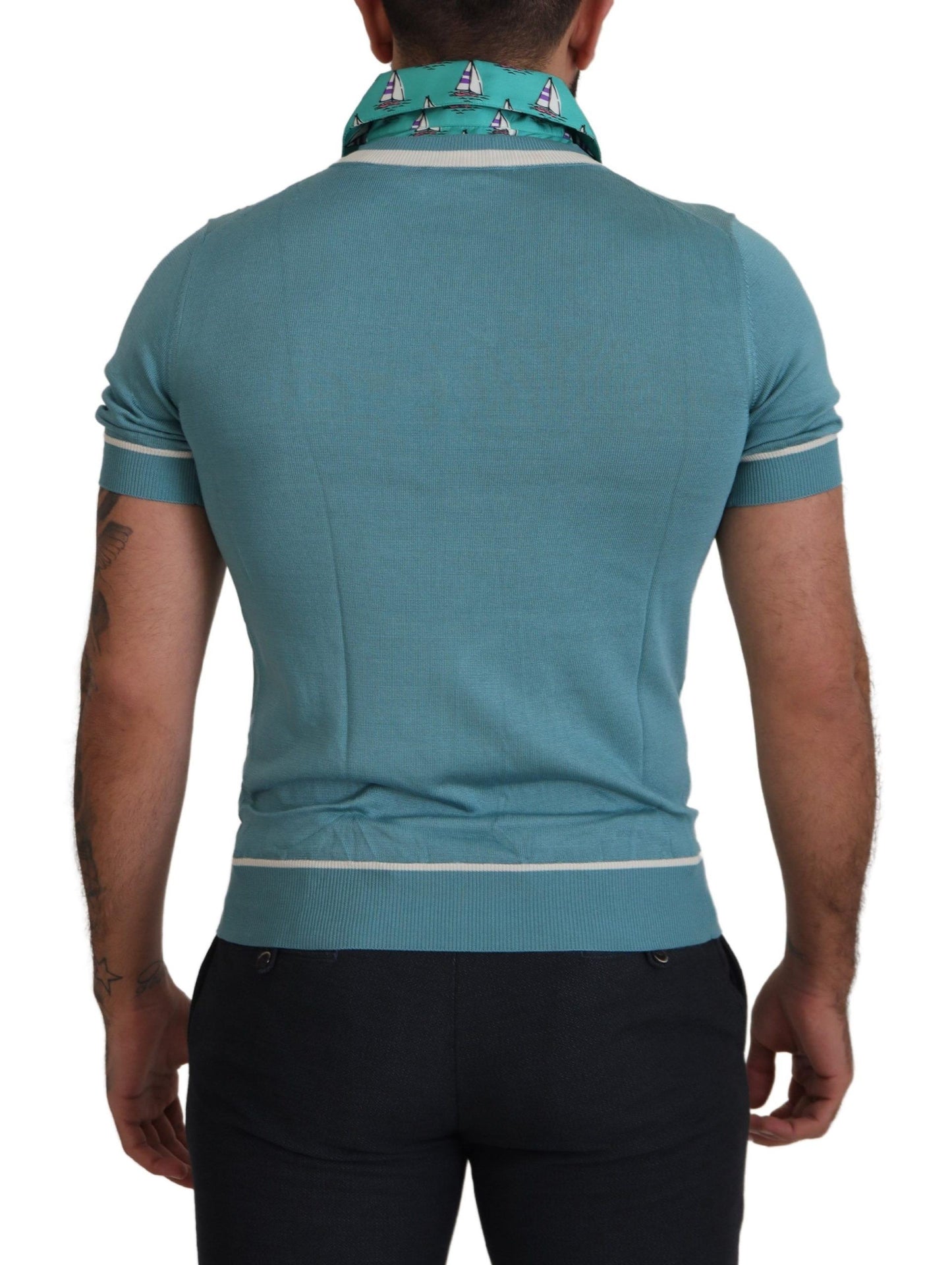 Dolce & Gabbana Blue Silk Polo Top Mens V-neck  T-shirt