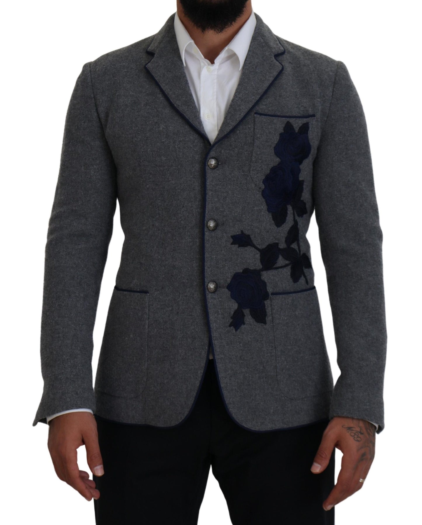 Dolce & Gabbana Gray Wool Roses Slim Fit Jacket Blazer